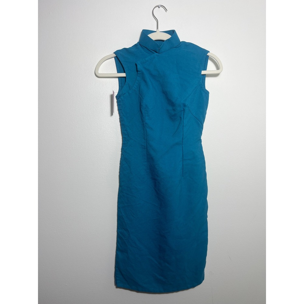 Vintage Style Teal Blue Mandarin Collar Sleeveless Cheongsam Sheath Dress